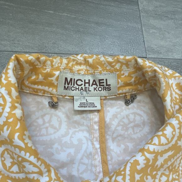Michael Kors LARGE Yellow White Paisley Print Long Topper Dress Jacket Stretch - Picture 5 of 7